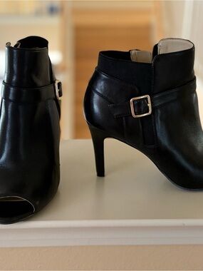 Marc Fisher Black Leather Peep-Toe Ankle Booties with Buckle